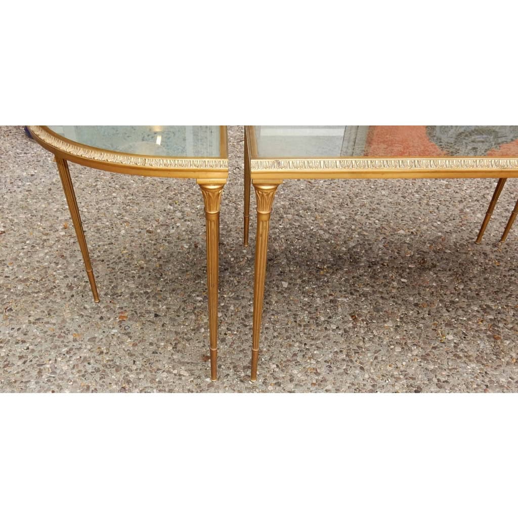 1970′ Table Tripartite Maison Charles, Jansen Ou Baguès Décor Palmier en Bronze Doré avec Plateaux Miroirs Vieillis 8