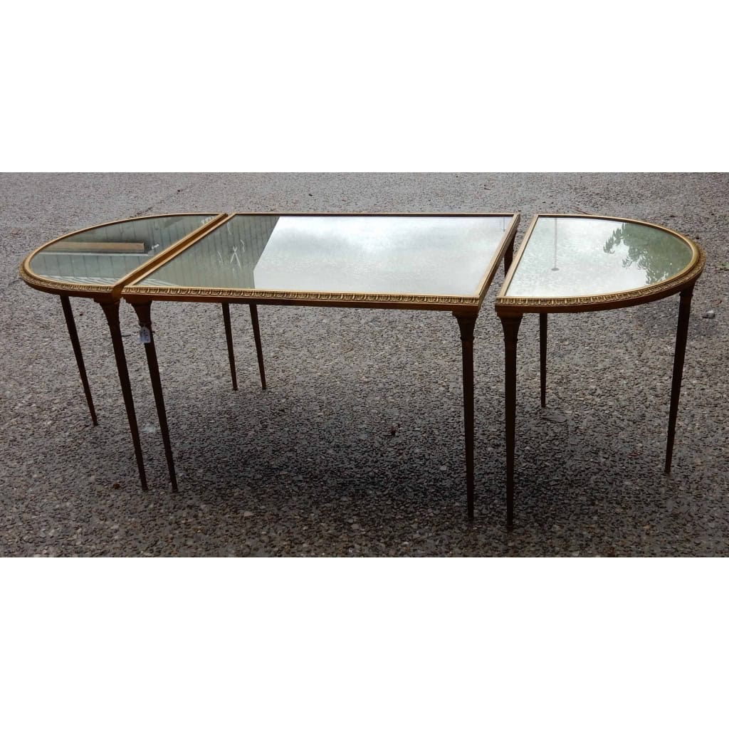 1970′ Table Tripartite Maison Charles, Jansen Ou Baguès Décor Palmier en Bronze Doré avec Plateaux Miroirs Vieillis 9