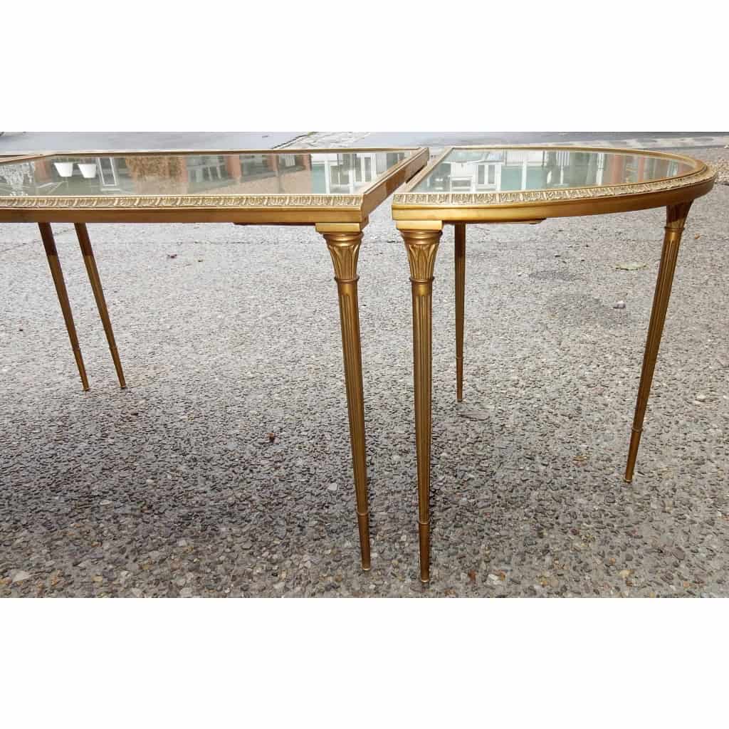 1970′ Table Tripartite Maison Charles, Jansen Ou Baguès Décor Palmier en Bronze Doré avec Plateaux Miroirs Vieillis 10