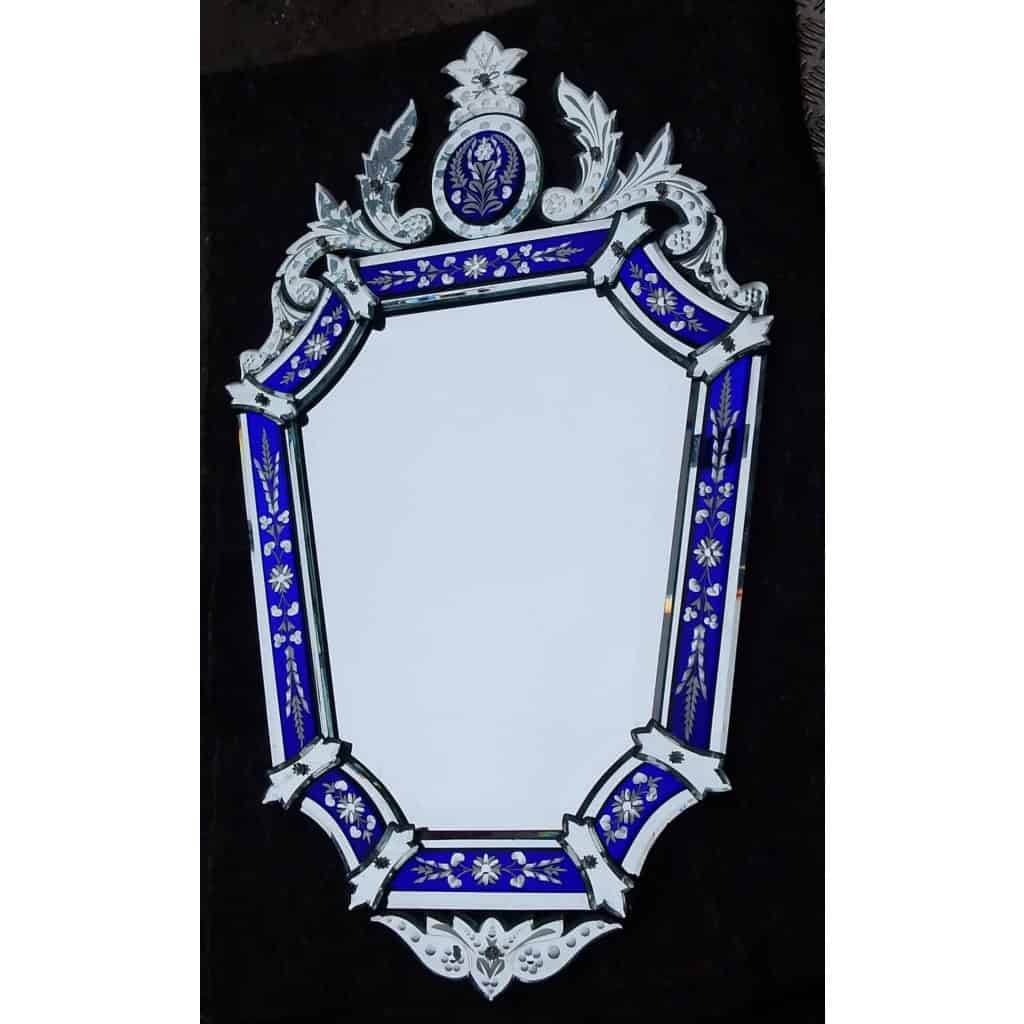 1950’/70 Miroir Venise Octogonal à Fronton avec Cadre en Verre Bleu Ornées de Fleurs | Biron |||||||||