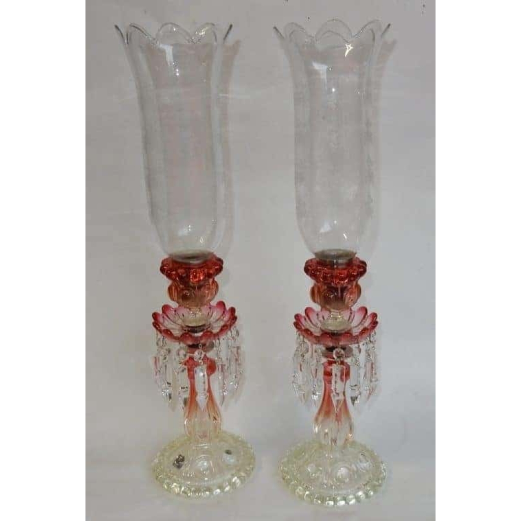1950/70 Paire de Bougeoirs En Cristal Opalescent Et Rouge Photophores Baccarat Signés