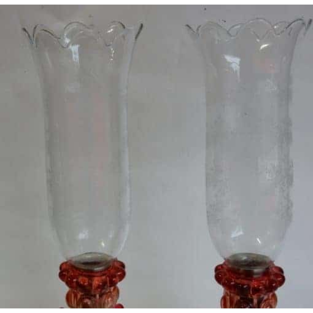 1950/70 Paire de Bougeoirs En Cristal Opalescent Et Rouge Photophores Baccarat Signés