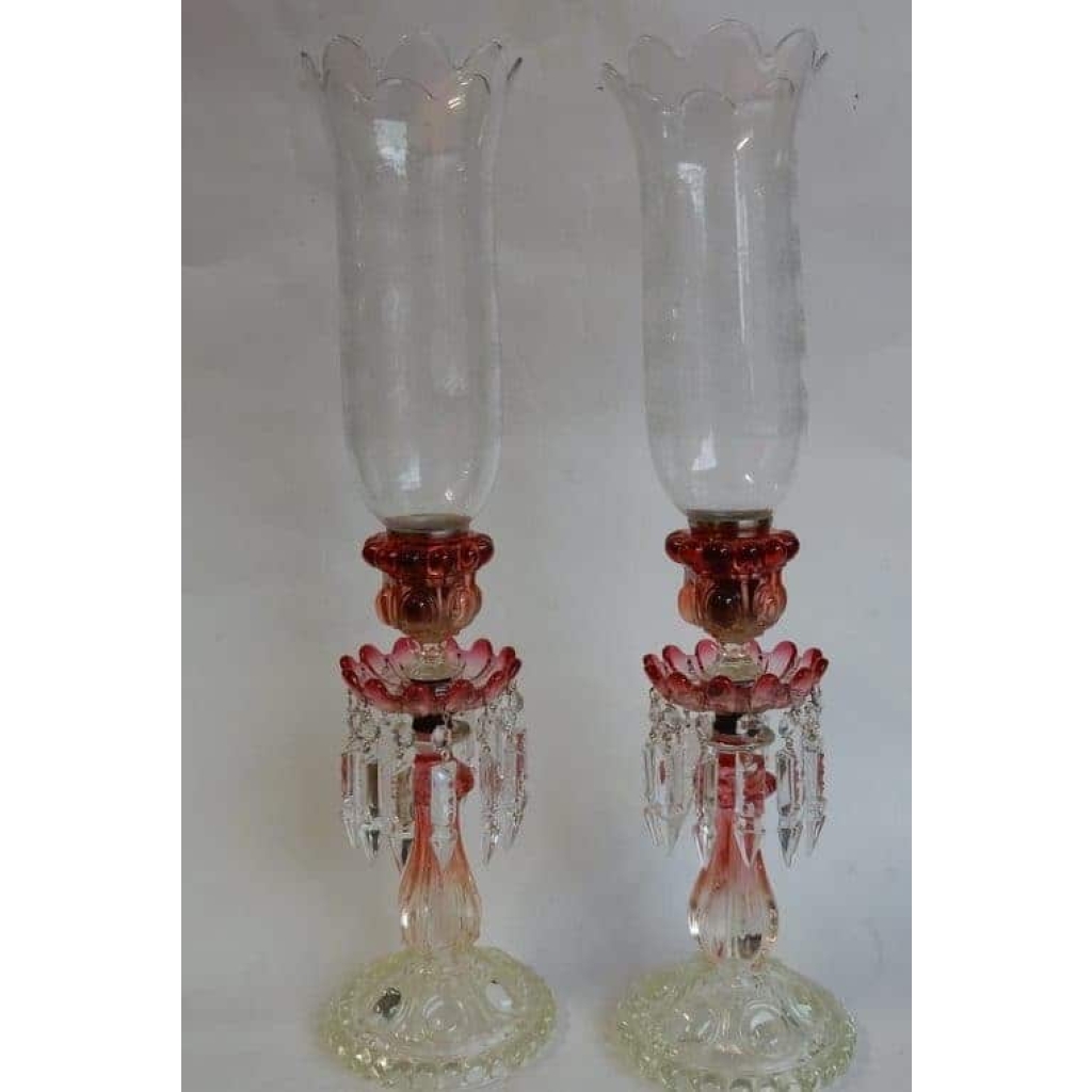 1950/70 Paire de Bougeoirs En Cristal Opalescent Et Rouge Photophores Baccarat Signés