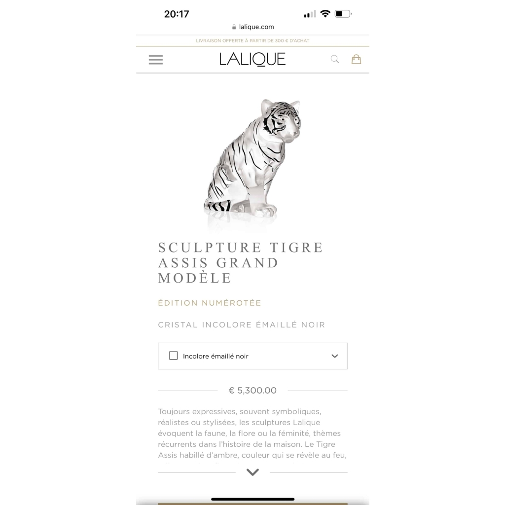 Sculpture « Tigre » cristal blanc émaillé noir de LALIQUE FRANCE – neuf en coffret avec certificat | Biron Sculpture "Tigre" cristal blanc émaillé noir de LALIQUE FRANCE - neuf en coffret avec certificat