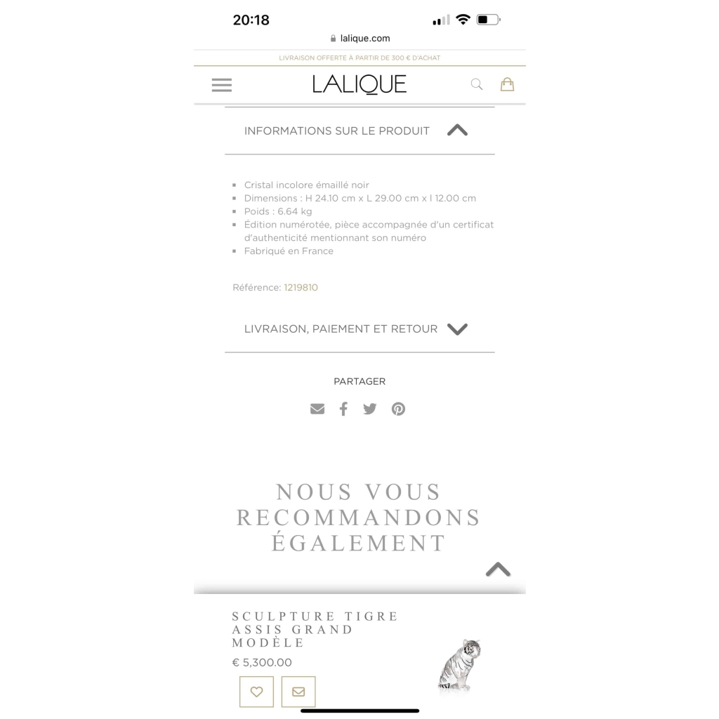 Sculpture « Tigre » cristal blanc émaillé noir de LALIQUE FRANCE – neuf en coffret avec certificat | Biron Sculpture "Tigre" cristal blanc émaillé noir de LALIQUE FRANCE - neuf en coffret avec certificat