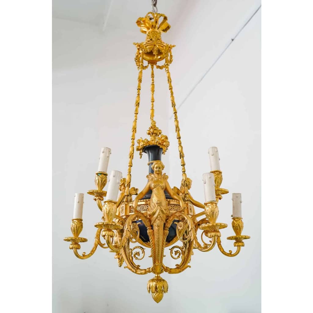 Lustre en bronze doré et métal patiné dit « aux Termes » fin XIXème Siècle | Biron ||||||||||