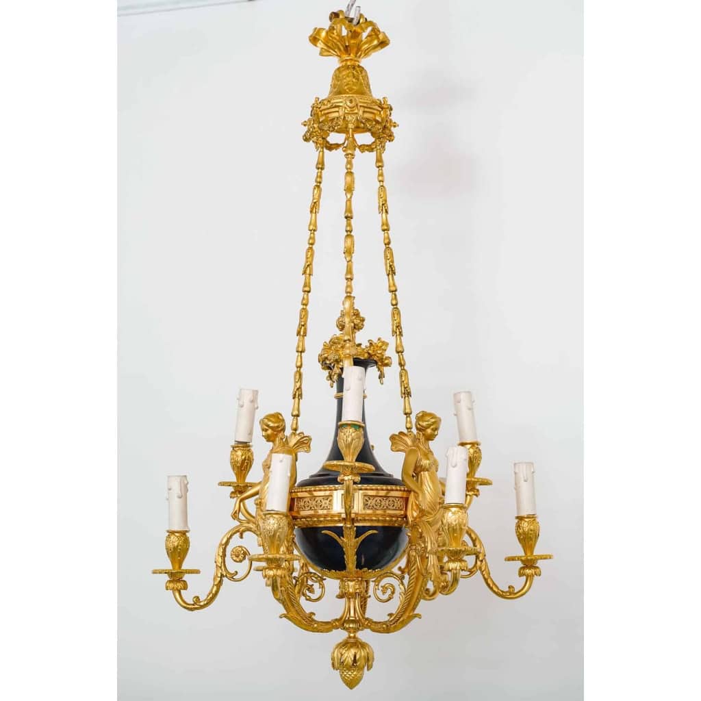 Lustre en bronze doré et métal patiné dit « aux Termes » fin XIXème Siècle | Biron Lustre en bronze doré et métal patiné dit "aux Termes" fin XIXème Siècle