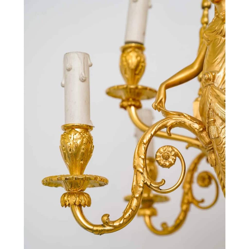 Lustre en bronze doré et métal patiné dit « aux Termes » fin XIXème Siècle | Biron Lustre en bronze doré et métal patiné dit "aux Termes" fin XIXème Siècle