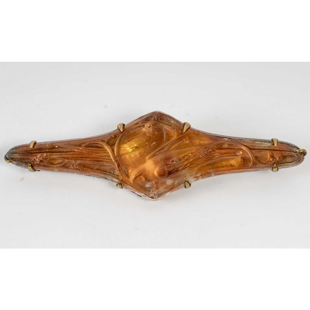 Broche « Deux Faisans » verre blanc sur clinquant orange de René LALIQUE | Biron ||||