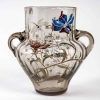 Vase Cristallerie à anses verre gris émaillé d’iris et d’une libellule de Emile Gallé | Biron ||||||