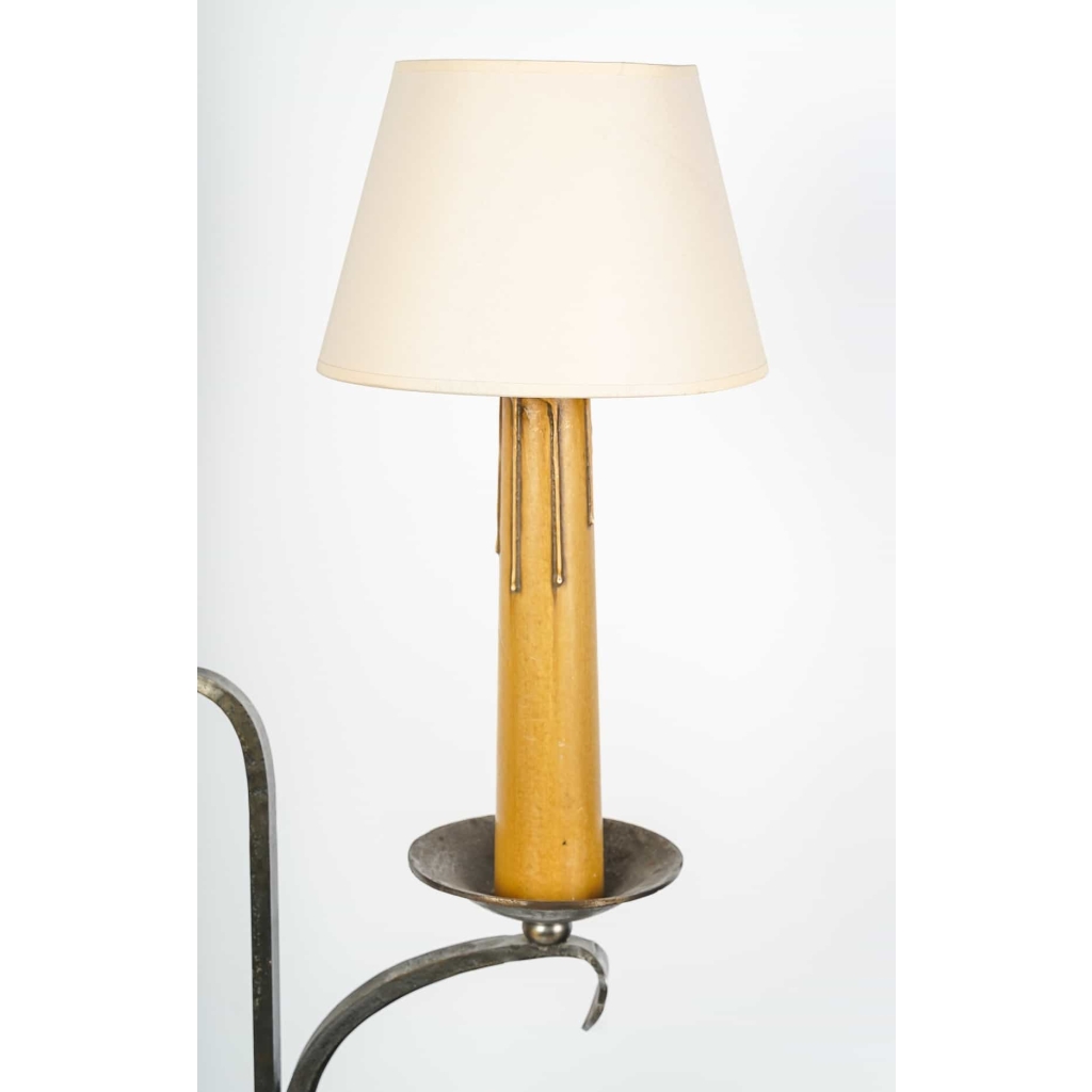 Lampadaire en fer forgé et cuire, 1960 | Biron Lampadaire en fer forgé et cuire, 1960
