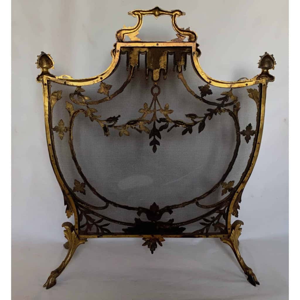 1880′ Pare Etincelles N3 En Bronze Doré Aux Pots De Fleurs 12