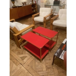 1970′ Paire De Bouts De Canapés à 2 Niveaux Maison Jansen Plateaux Cuir Rouge Carmin Avec Filets Or Vintage RÉSERVÉ 2