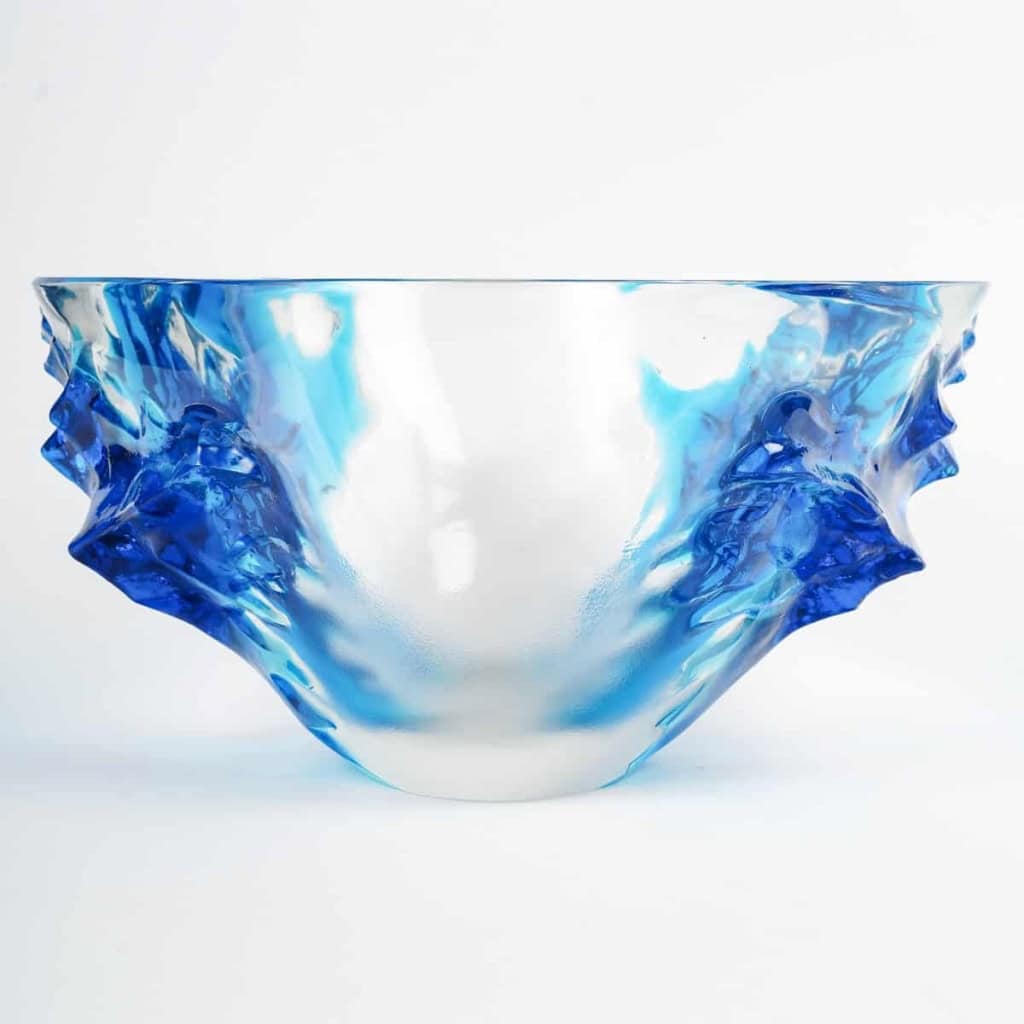 Coupe Vase Haïti cristal blanc et bleu de René LALIQUE | Biron Coupe Vase Haïti cristal blanc et bleu de René LALIQUE