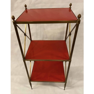 1970′ Étagère en Laiton à 3 Niveaux Maison Baguès Plateaux Bois Laqué Rouge