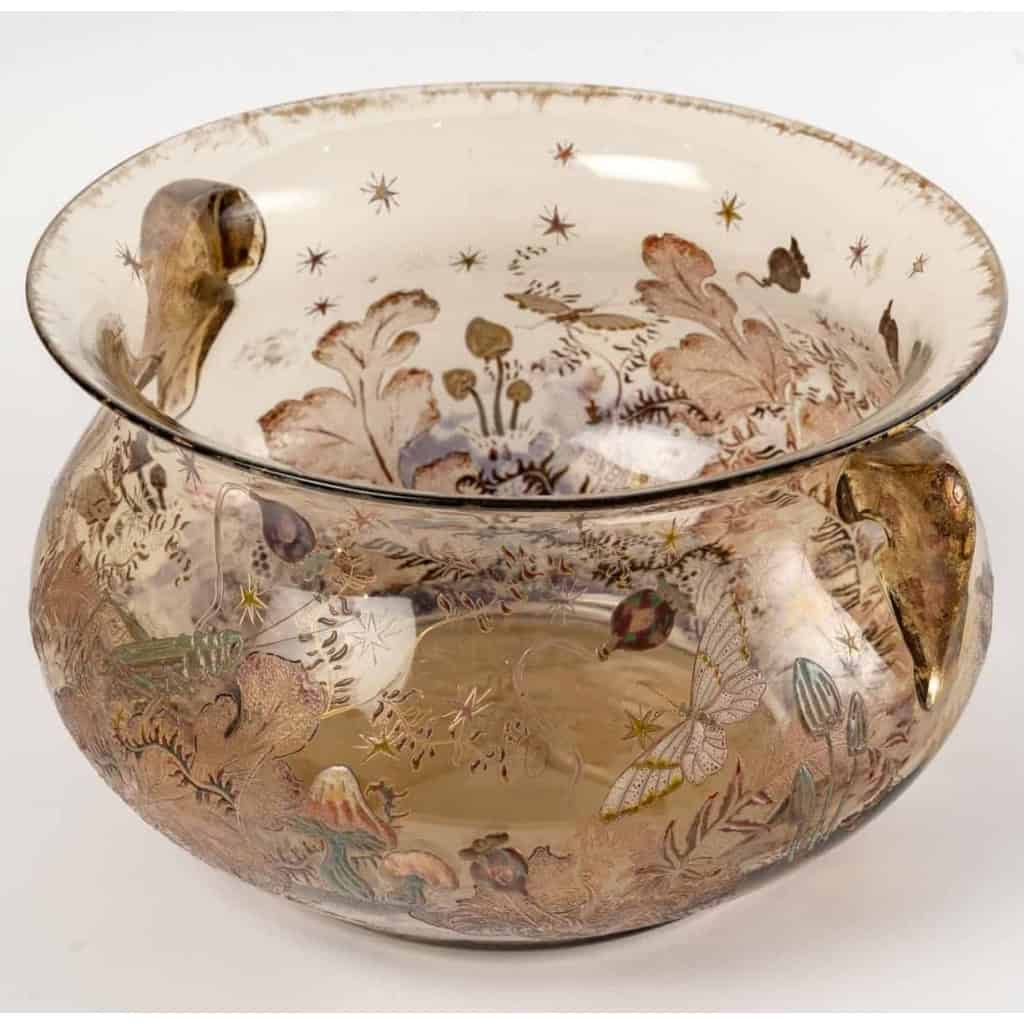 Coupe Jardinière à Anses « Papillons, Sauterelles et Champignons » verre fumé émaillé et doré de Emile GALLE | Biron Coupe Jardinière à Anses "Papillons, Sauterelles et Champignons" verre fumé émaillé et doré de Emile GALLE