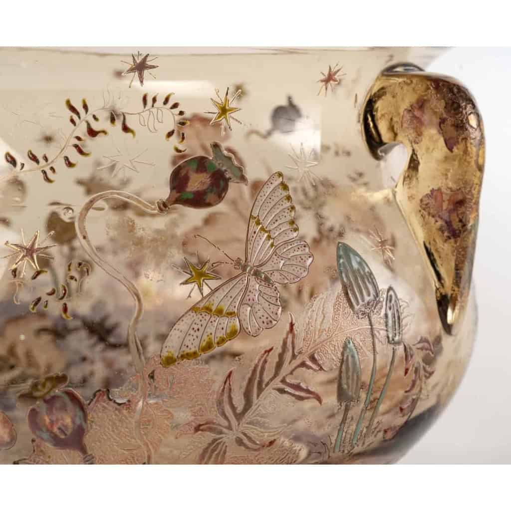 Coupe Jardinière à Anses « Papillons, Sauterelles et Champignons » verre fumé émaillé et doré de Emile GALLE | Biron Coupe Jardinière à Anses "Papillons, Sauterelles et Champignons" verre fumé émaillé et doré de Emile GALLE