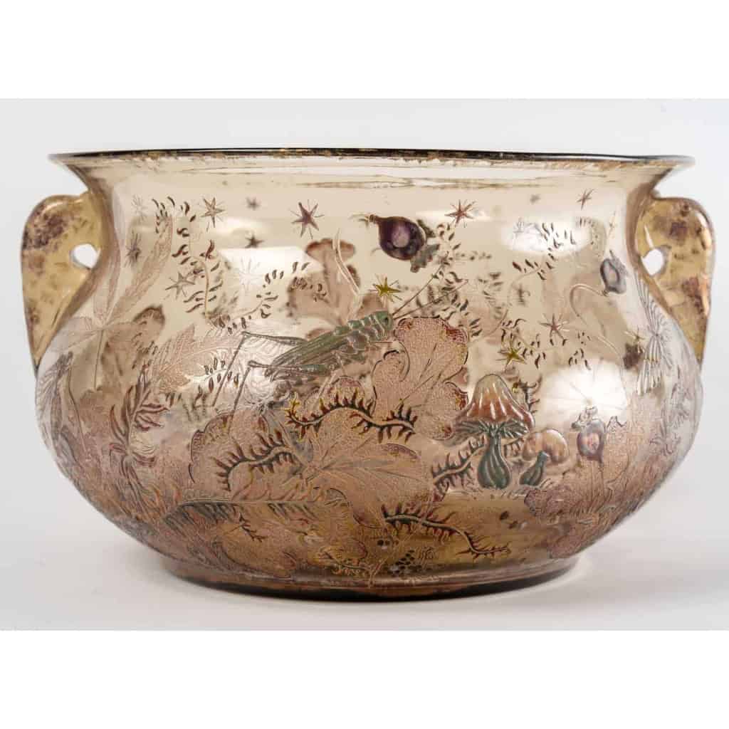 Coupe Jardinière à Anses « Papillons, Sauterelles et Champignons » verre fumé émaillé et doré de Emile GALLE | Biron Coupe Jardinière à Anses "Papillons, Sauterelles et Champignons" verre fumé émaillé et doré de Emile GALLE