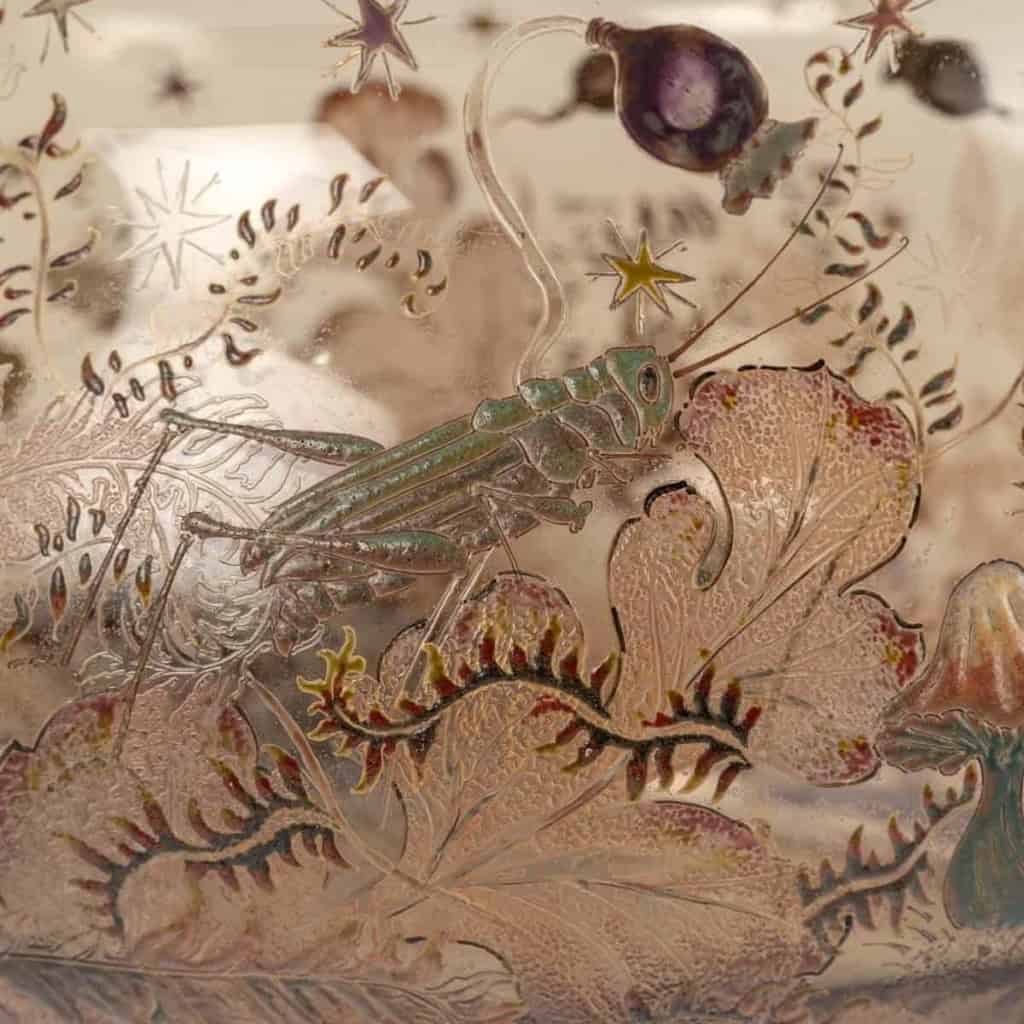 Coupe Jardinière à Anses « Papillons, Sauterelles et Champignons » verre fumé émaillé et doré de Emile GALLE | Biron Coupe Jardinière à Anses "Papillons, Sauterelles et Champignons" verre fumé émaillé et doré de Emile GALLE