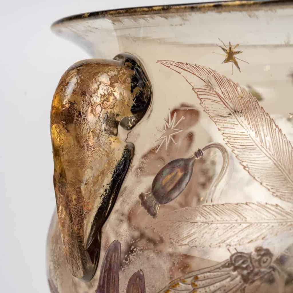 Coupe Jardinière à Anses « Papillons, Sauterelles et Champignons » verre fumé émaillé et doré de Emile GALLE | Biron Coupe Jardinière à Anses "Papillons, Sauterelles et Champignons" verre fumé émaillé et doré de Emile GALLE