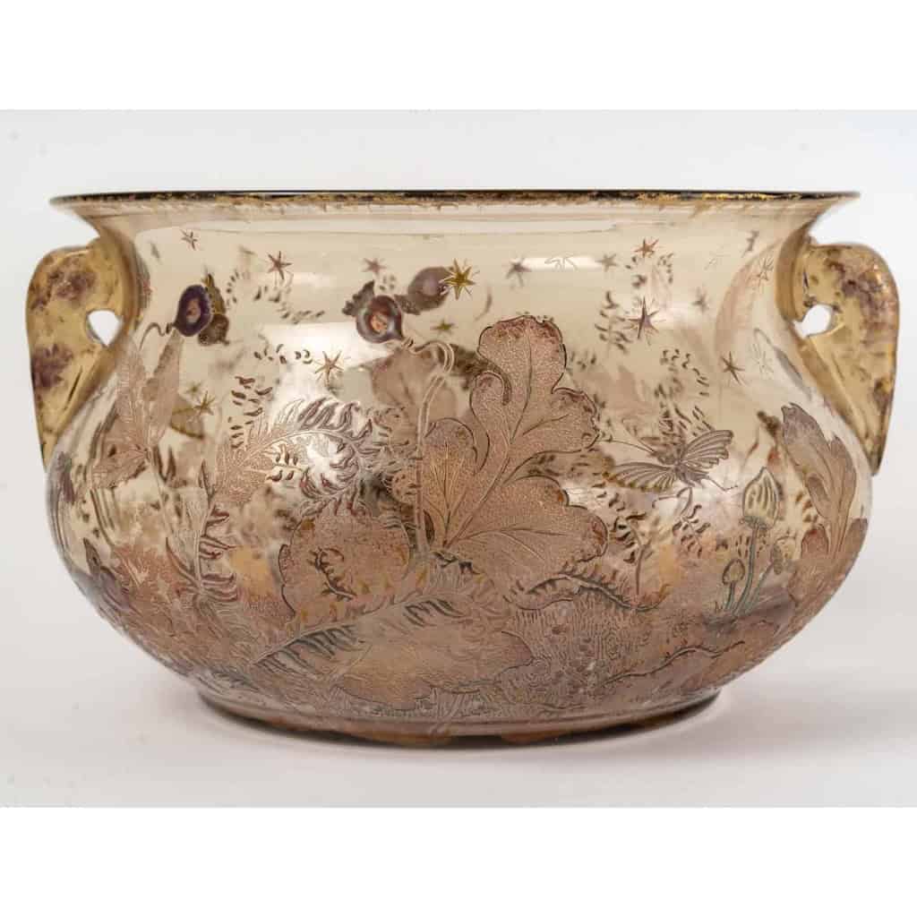 Coupe Jardinière à Anses « Papillons, Sauterelles et Champignons » verre fumé émaillé et doré de Emile GALLE | Biron Coupe Jardinière à Anses "Papillons, Sauterelles et Champignons" verre fumé émaillé et doré de Emile GALLE