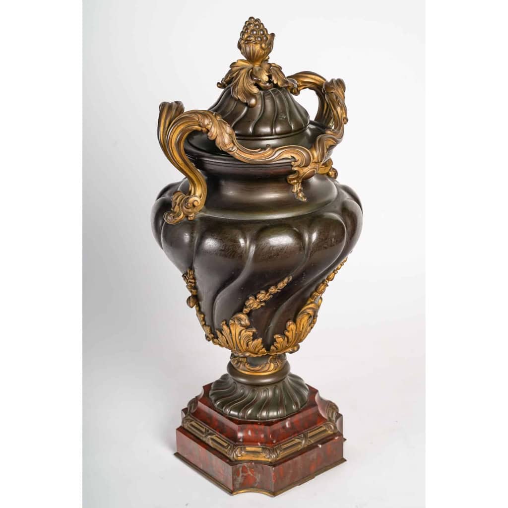 Urne en bronze à double patine sur socle en marbre rouge griotte, style Louis XV, XIXème siècle | Biron Urne en bronze à double patine sur socle en marbre rouge griotte, style Louis XV, XIXème siècle