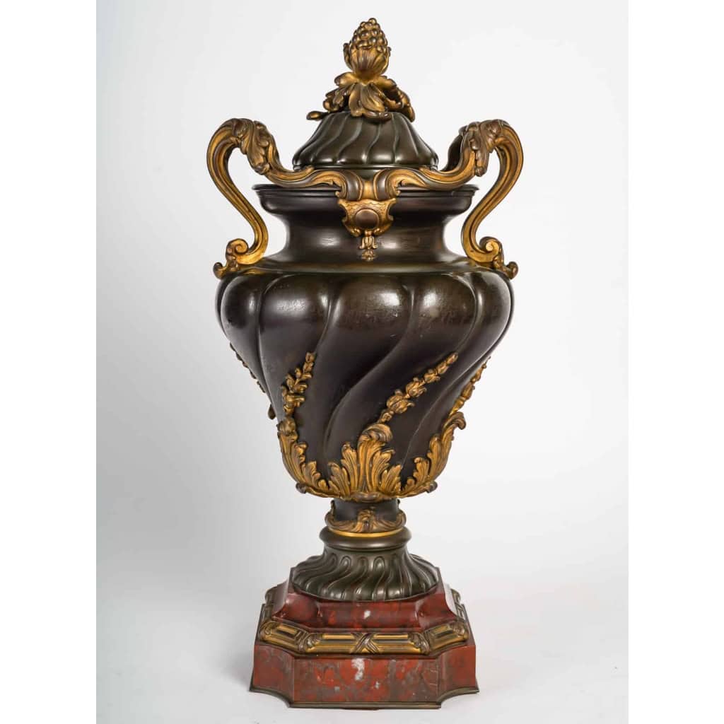 Urne en bronze à double patine sur socle en marbre rouge griotte, style Louis XV, XIXème siècle | Biron Urne en bronze à double patine sur socle en marbre rouge griotte, style Louis XV, XIXème siècle