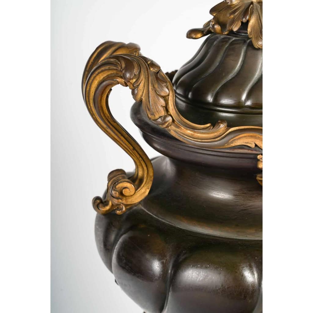 Urne en bronze à double patine sur socle en marbre rouge griotte, style Louis XV, XIXème siècle | Biron Urne en bronze à double patine sur socle en marbre rouge griotte, style Louis XV, XIXème siècle