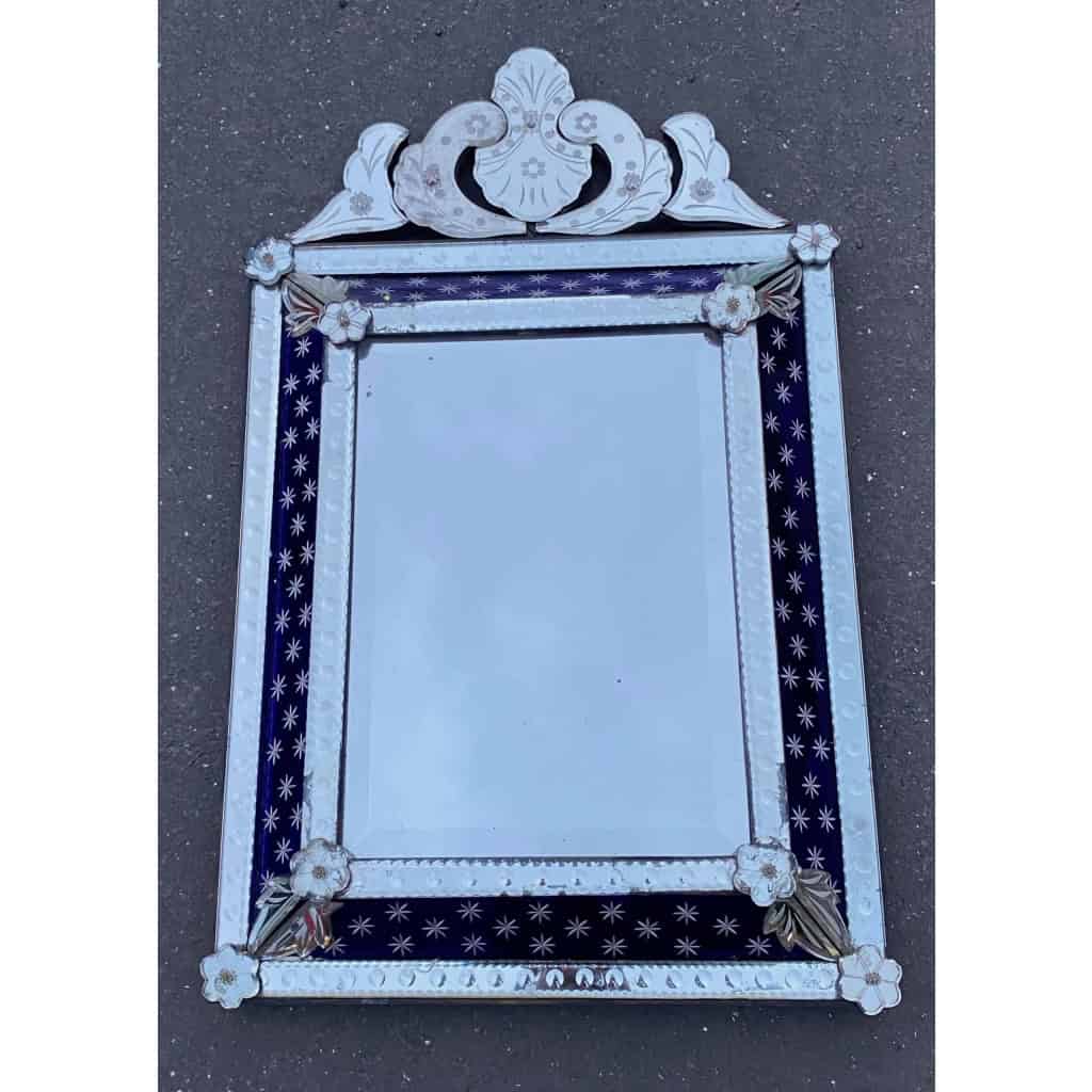 1950/60 ‘ Miroir N3 Venise Rectangulaire à Fronton Avec Cadre en Verre Bleu Orné D Etoiles Argentées Centre Biseauté | Biron |||||||||