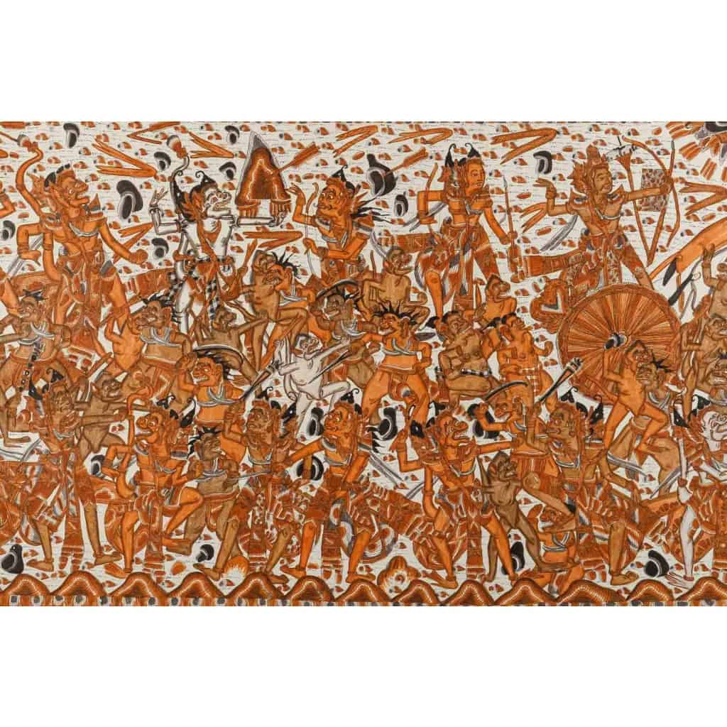 Peinture Thaïlandaise Représentant la Guerre entre le Paradis et l’Enfer, Vers 1960 | Biron Peinture Thaïlandaise Représentant la Guerre entre le Paradis et l’Enfer, Vers 1960