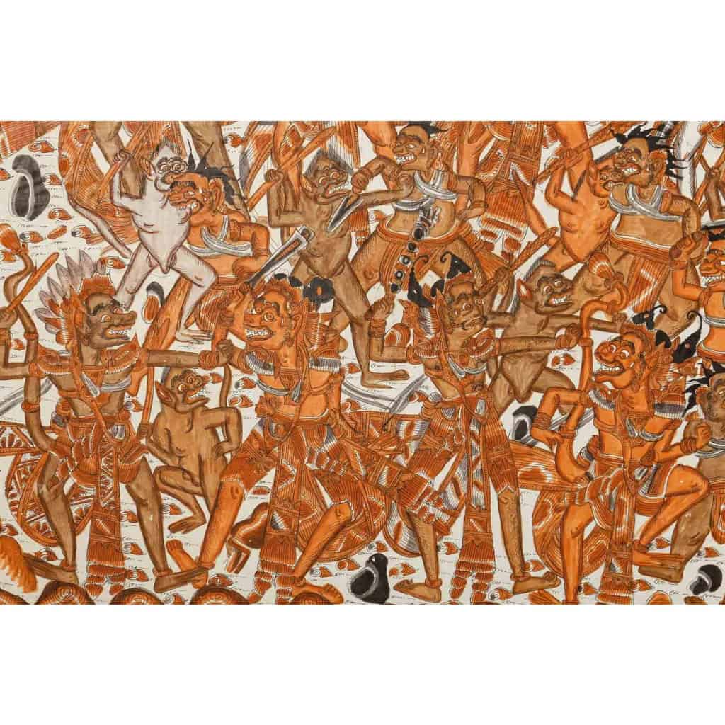 Peinture Thaïlandaise Représentant la Guerre entre le Paradis et l’Enfer, Vers 1960 | Biron Peinture Thaïlandaise Représentant la Guerre entre le Paradis et l’Enfer, Vers 1960