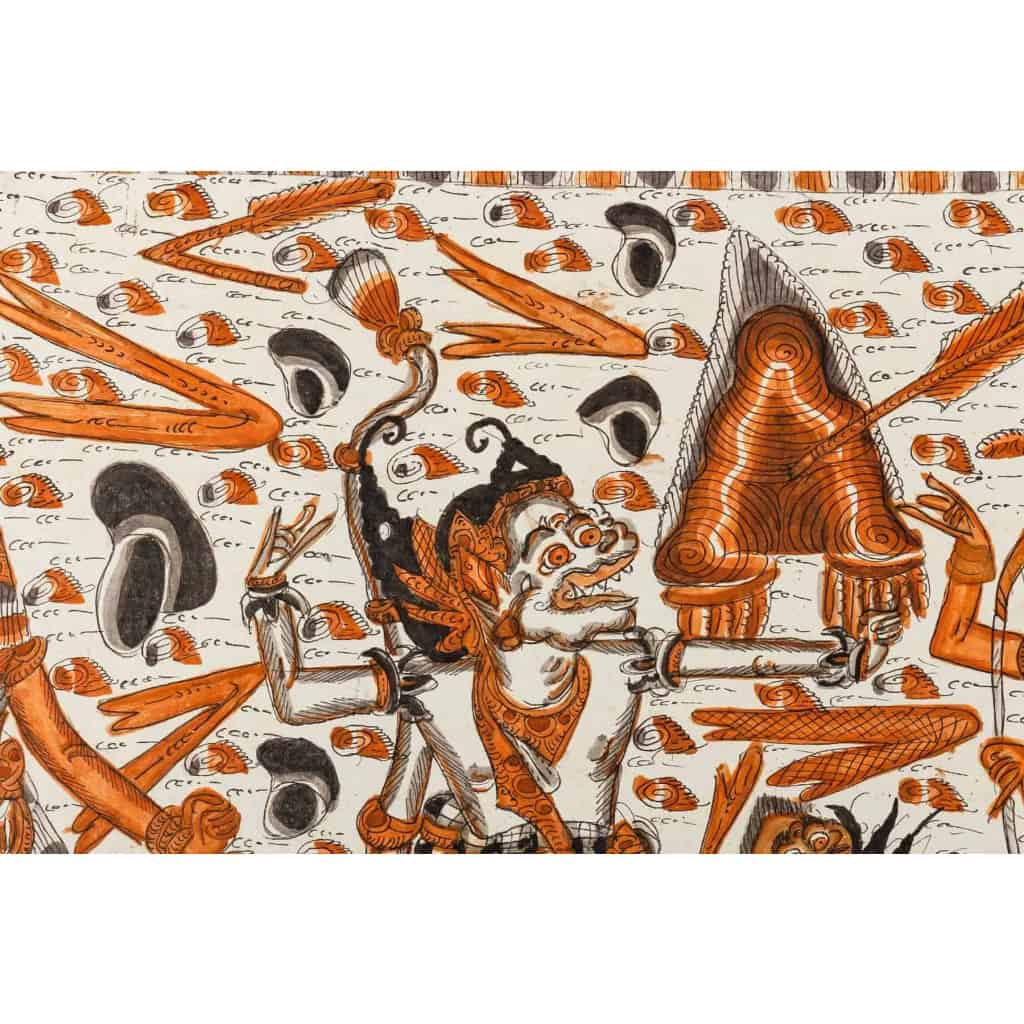 Peinture Thaïlandaise Représentant la Guerre entre le Paradis et l’Enfer, Vers 1960 | Biron Peinture Thaïlandaise Représentant la Guerre entre le Paradis et l’Enfer, Vers 1960