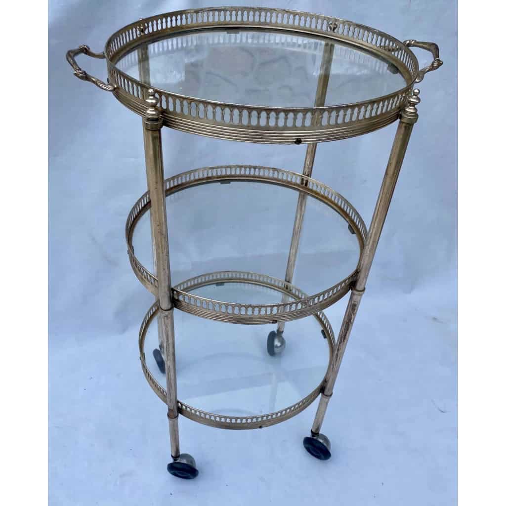 1970′ Desserte Roulante Ronde En Bronze Argenté à 3 Plateaux Maison Baguès 2