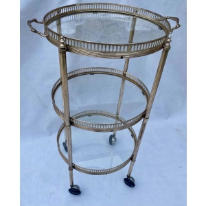 1970′ Desserte Roulante Ronde En Bronze Argenté à 3 Plateaux Maison Baguès