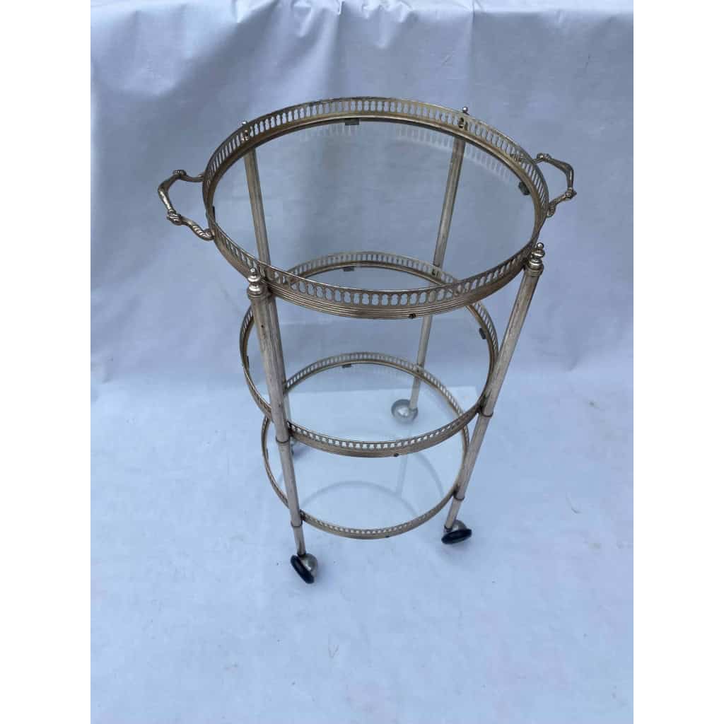 1970′ Desserte Roulante Ronde En Bronze Argenté à 3 Plateaux Maison Baguès 11