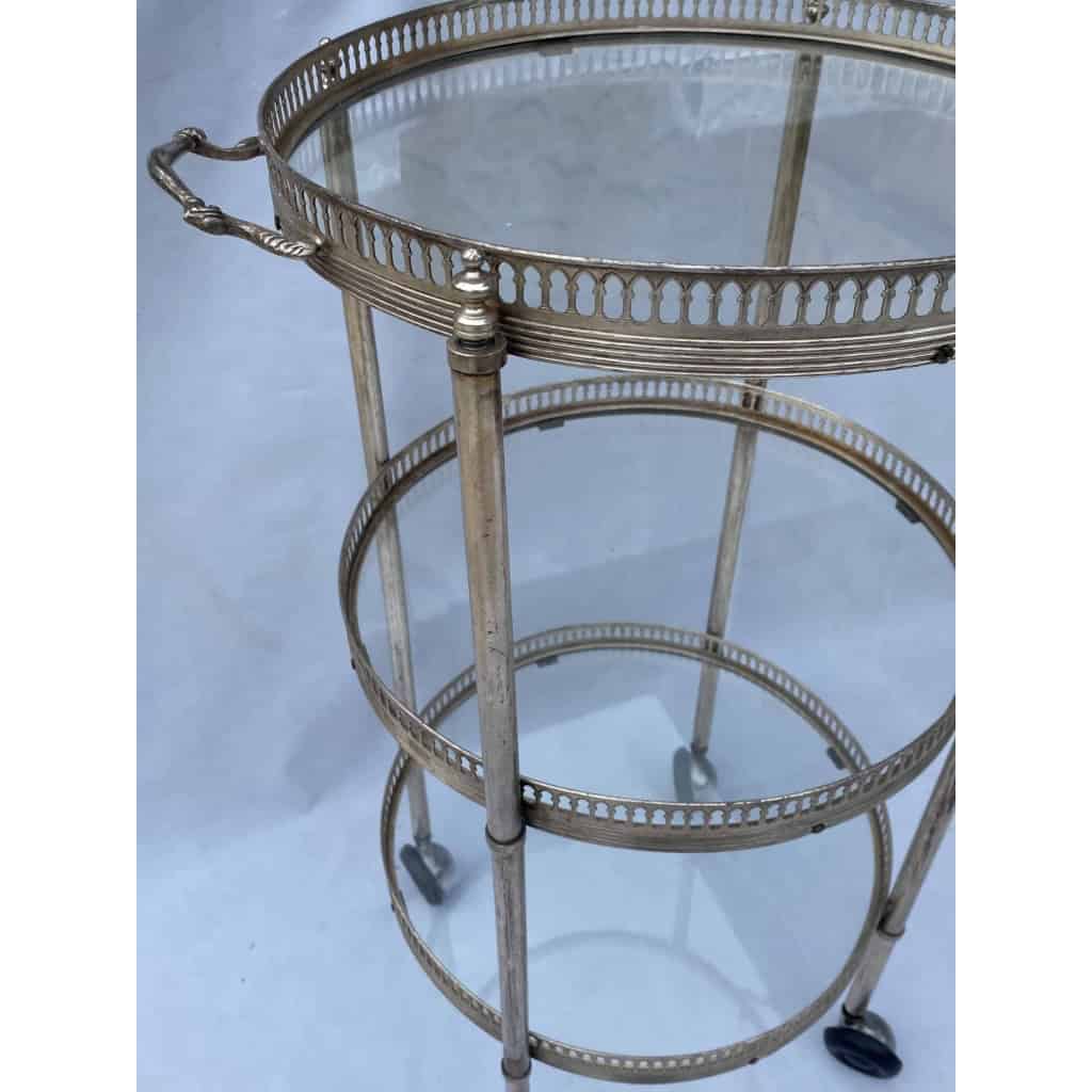 1970′ Desserte Roulante Ronde En Bronze Argenté à 3 Plateaux Maison Baguès 3