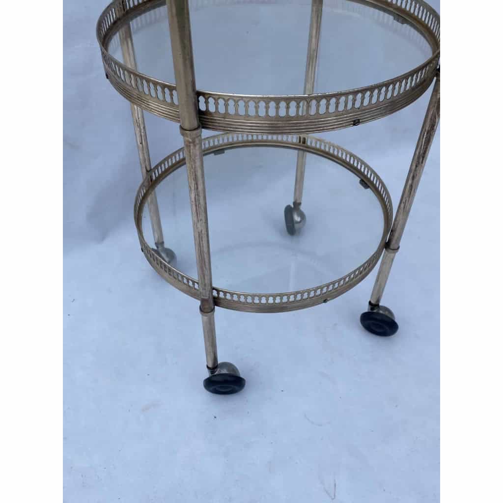 1970′ Desserte Roulante Ronde En Bronze Argenté à 3 Plateaux Maison Baguès 4