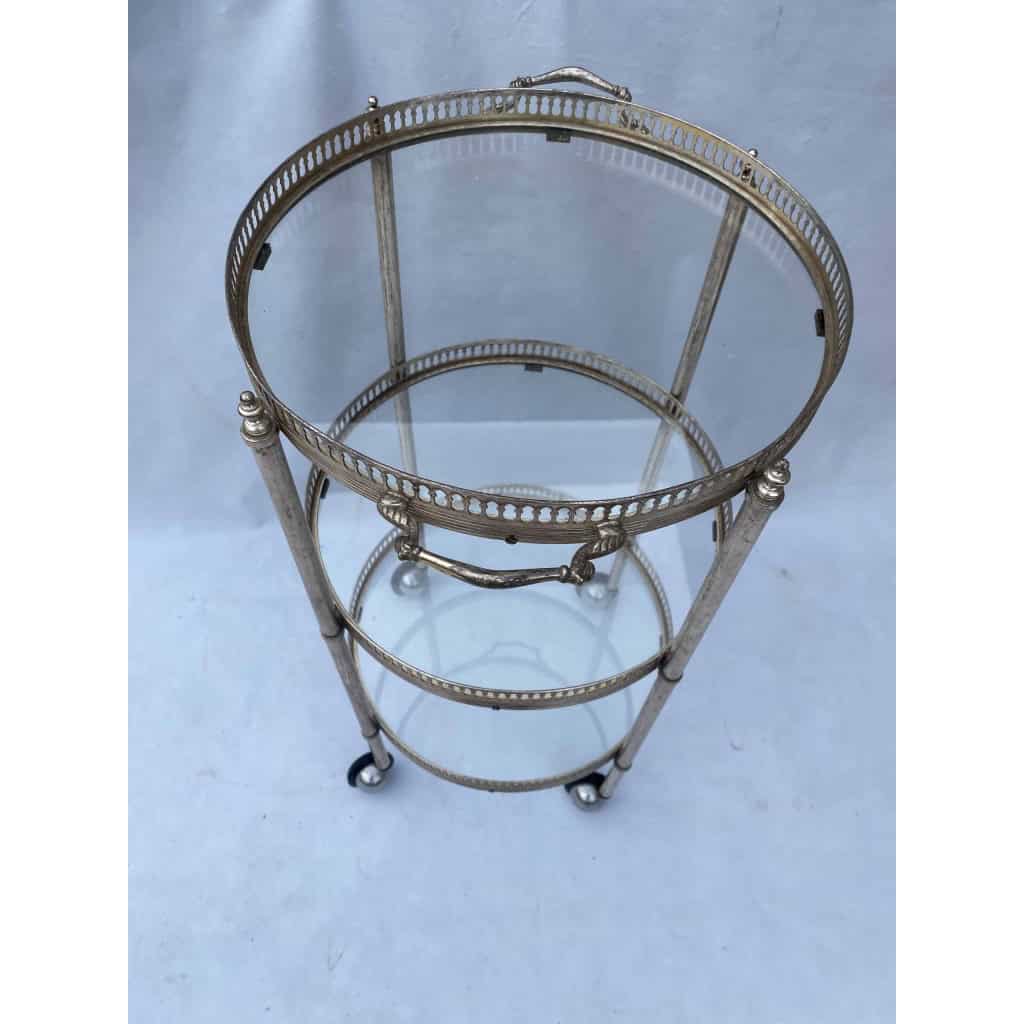 1970′ Desserte Roulante Ronde En Bronze Argenté à 3 Plateaux Maison Baguès 7