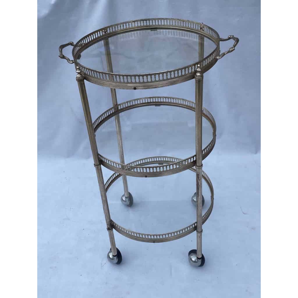 1970′ Desserte Roulante Ronde En Bronze Argenté à 3 Plateaux Maison Baguès 10