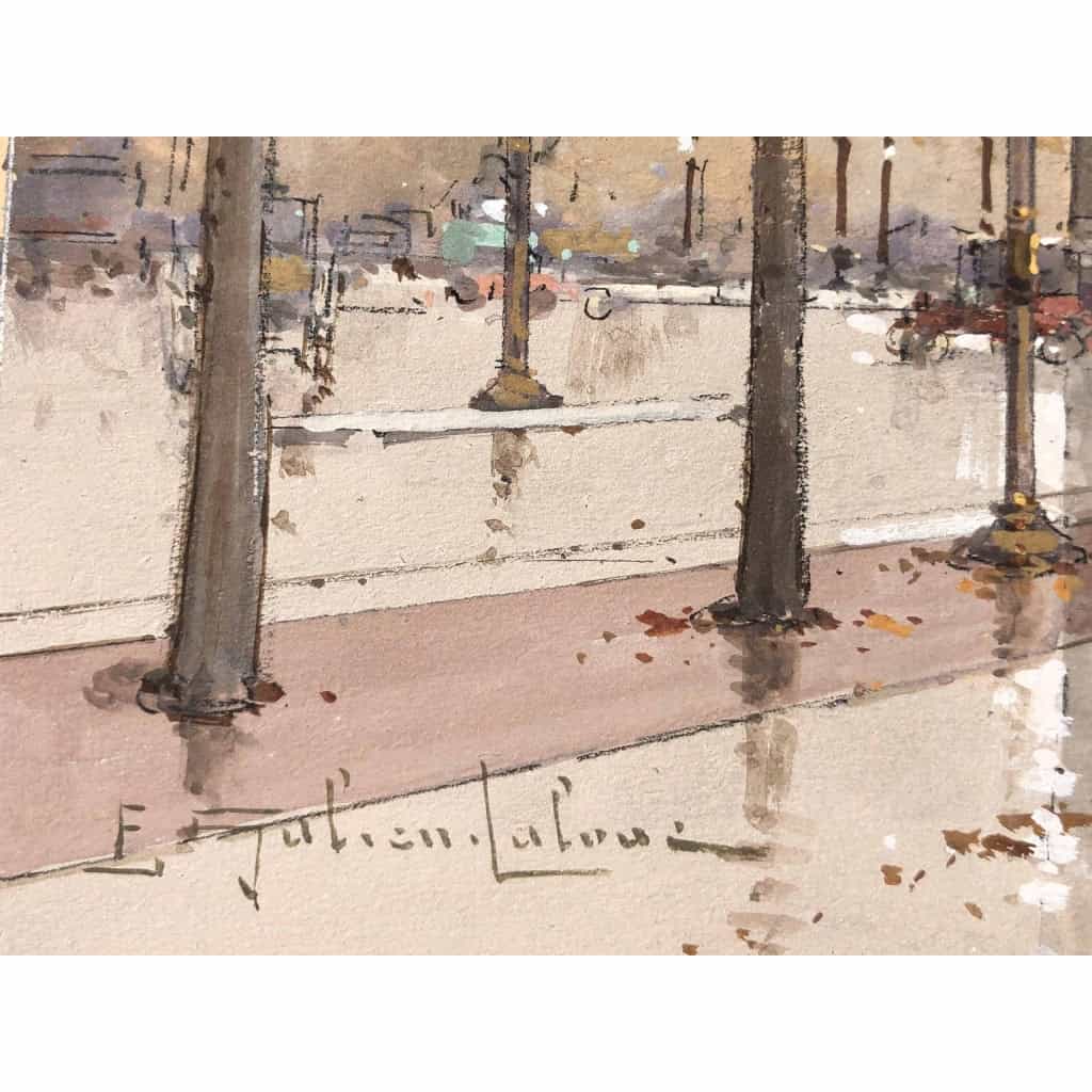GALIEN LALOUE Eugène Peinture Française 20è siècle Paris Animation sur les Champs Elysées et l’Arc de Triomphe Gouache Signée