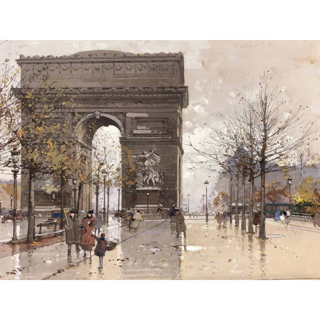 GALIEN LALOUE Eugène Peinture Française 20è siècle Paris Animation sur les Champs Elysées et l’Arc de Triomphe Gouache Signée