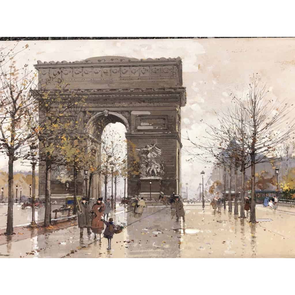 GALIEN LALOUE Eugène Peinture Française 20è siècle Paris Animation sur les Champs Elysées et l’Arc de Triomphe Gouache Signée