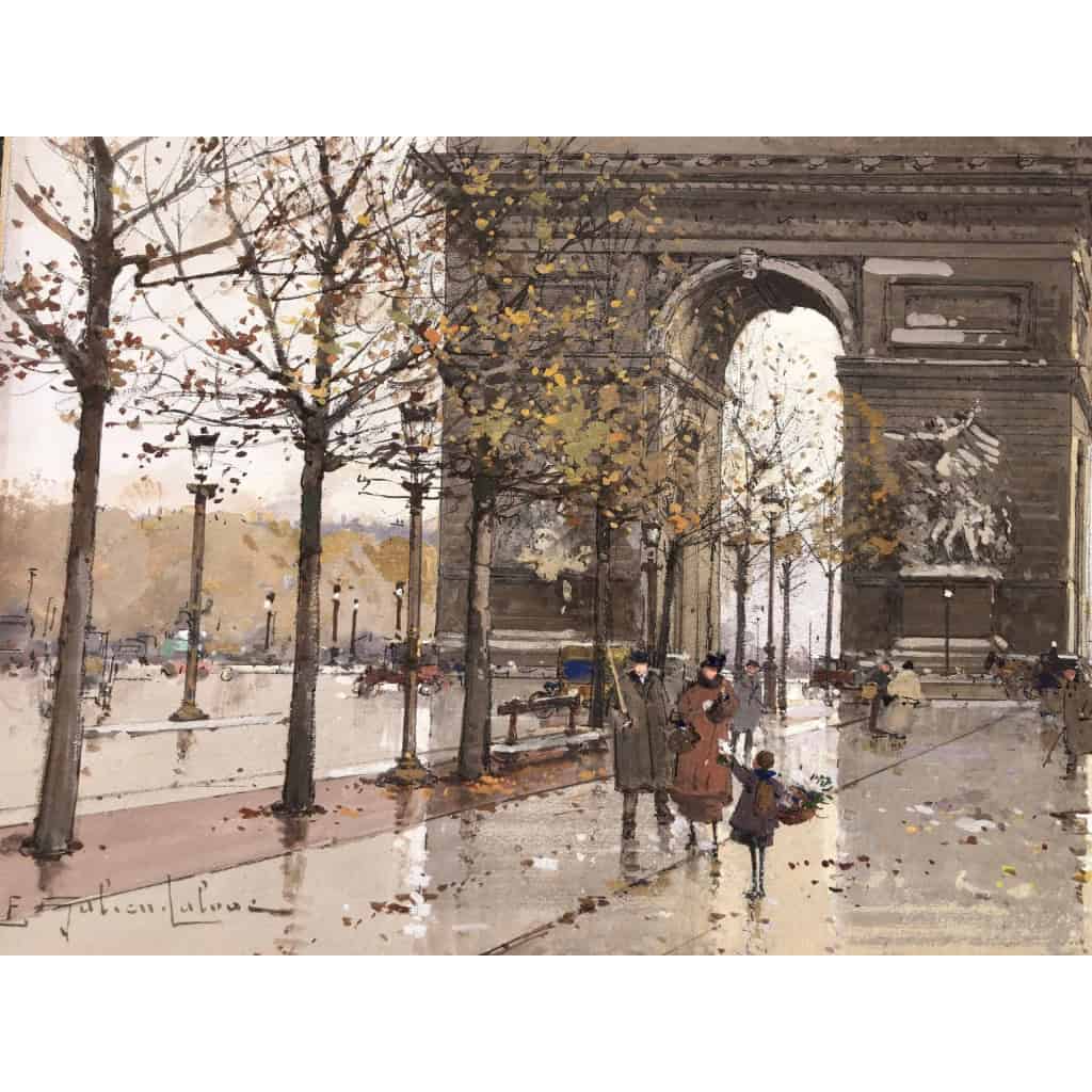 GALIEN LALOUE Eugène Peinture Française 20è siècle Paris Animation sur les Champs Elysées et l’Arc de Triomphe Gouache Signée