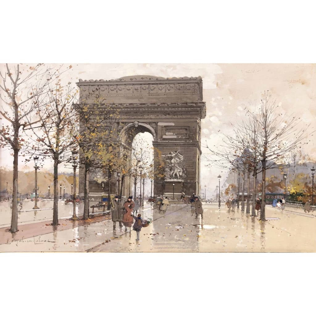 GALIEN LALOUE Eugène Peinture Française 20è siècle Paris Animation sur les Champs Elysées et l’Arc de Triomphe Gouache Signée
