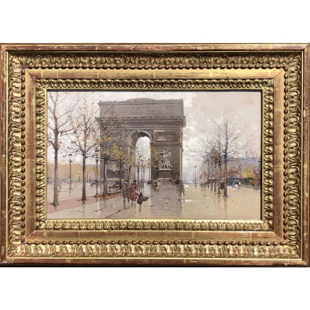 GALIEN LALOUE Eugène Peinture Française 20è siècle Paris Animation sur les Champs Elysées et l’Arc de Triomphe Gouache Signée