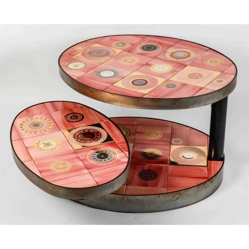 Table basse en fer et céramique, 3 plateaux pivotants