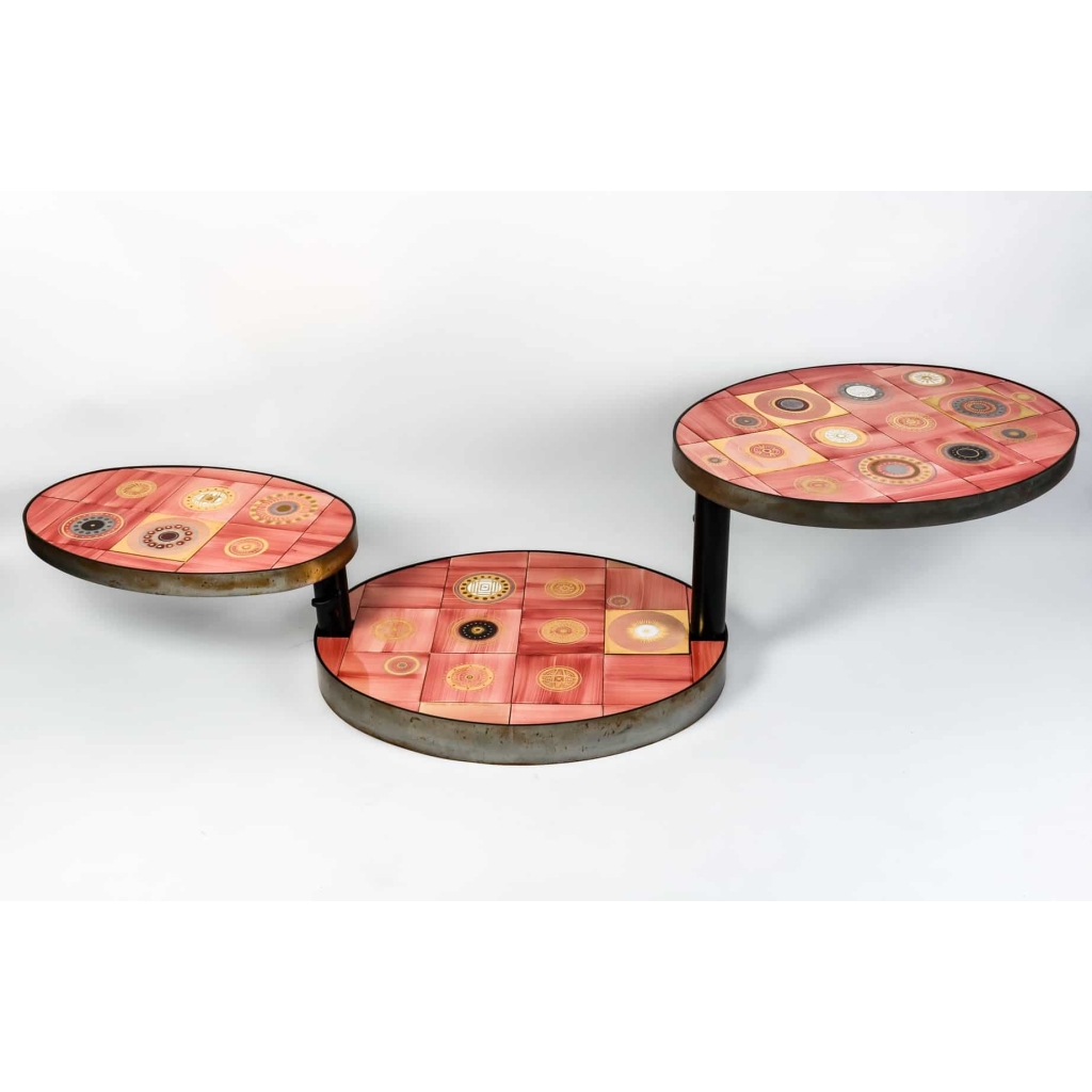 Table basse en fer et céramique, 3 plateaux pivotants