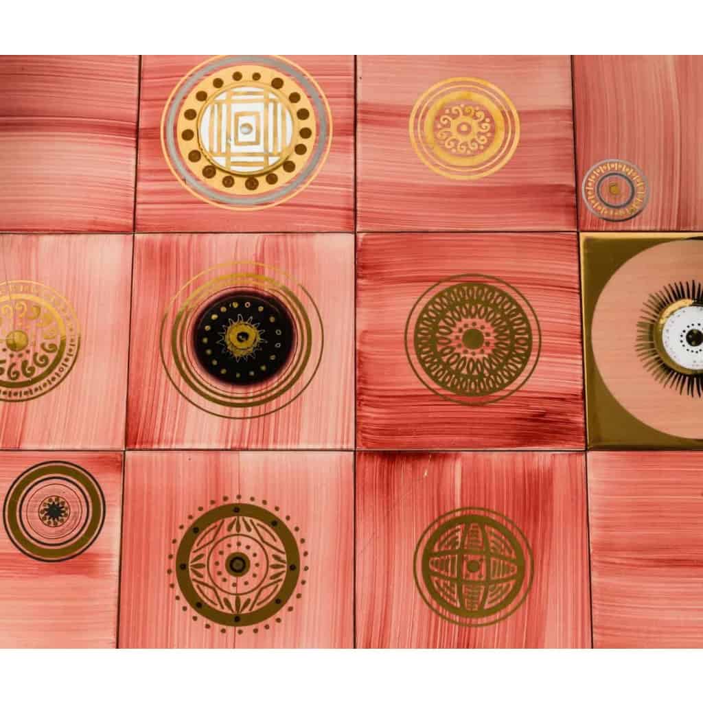 Table basse en fer et céramique, 3 plateaux pivotants