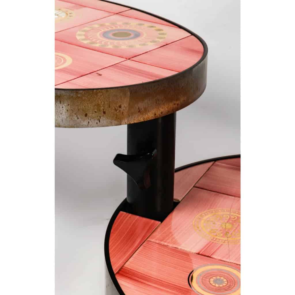Table basse en fer et céramique, 3 plateaux pivotants