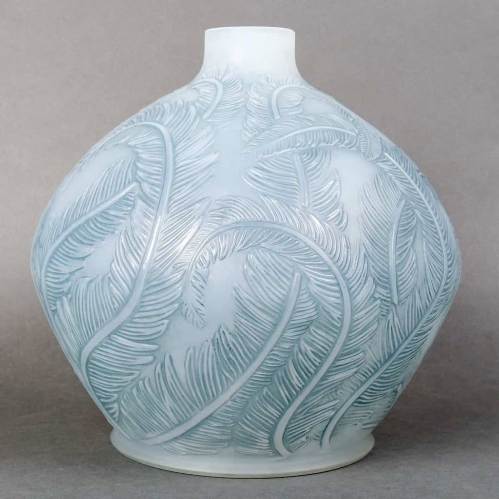 Vase « Plumes » verre opalescent patiné bleu de René LALIQUE | Biron ||||||